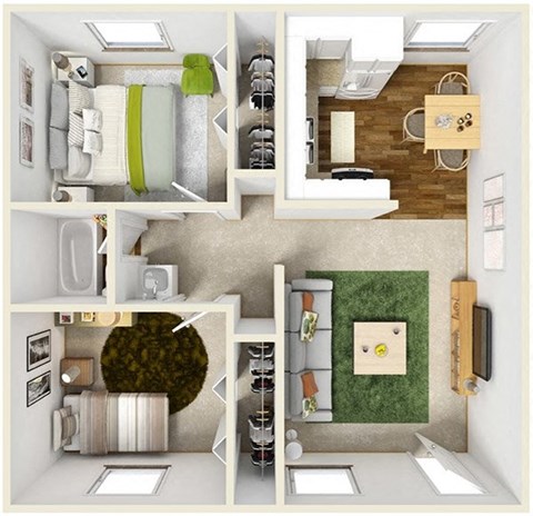 Floor plan for 2 beds, 1 bath, 670 sqft